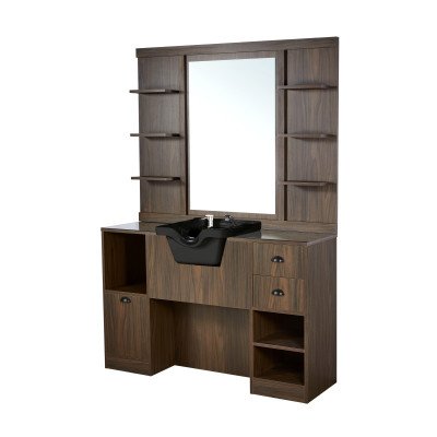 Tavolo da toeletta con specchio da barbiere in legno autentico con lavabo Tavolo da toeletta con specchio da barbiere in legno autentico con lavabo