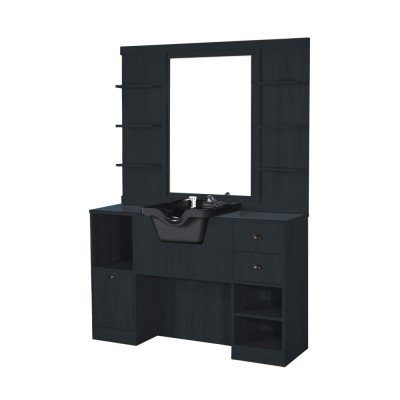 Tocador con espejo de barbero de madera AUTÉNTICO NEGRO con lavabo integrado Tocador con espejo de barbero de madera AUTÉNTICO NEGRO con lavabo integrado