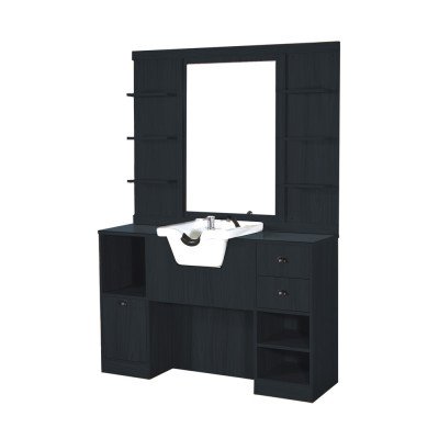 AUTHENTIEKE ZWARTE Houten Kapsalonspiegel Kaptafel met Geïntegreerde Wastafel AUTHENTIEKE ZWARTE Houten Kapsalonspiegel Kaptafel met Geïntegreerde Wastafel